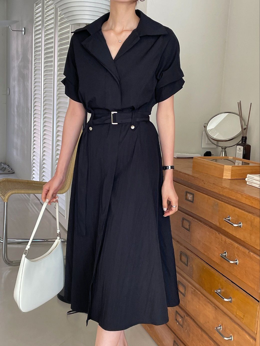 Seoul Collar Midi Dress - Black