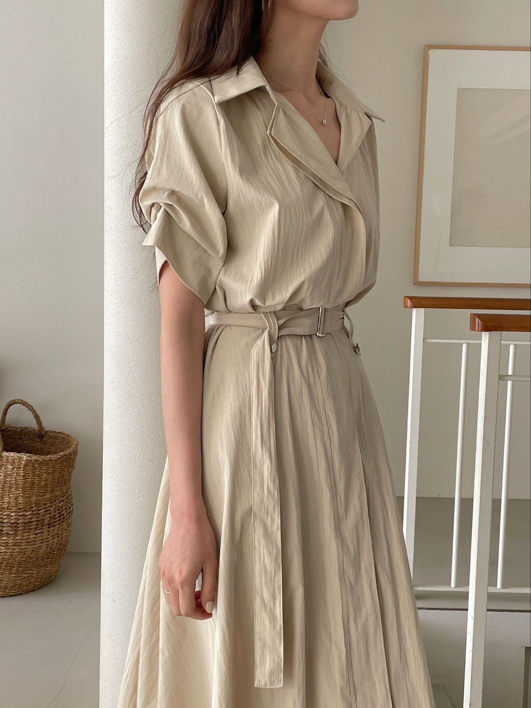 Seoul Collar Midi Dress - Beige