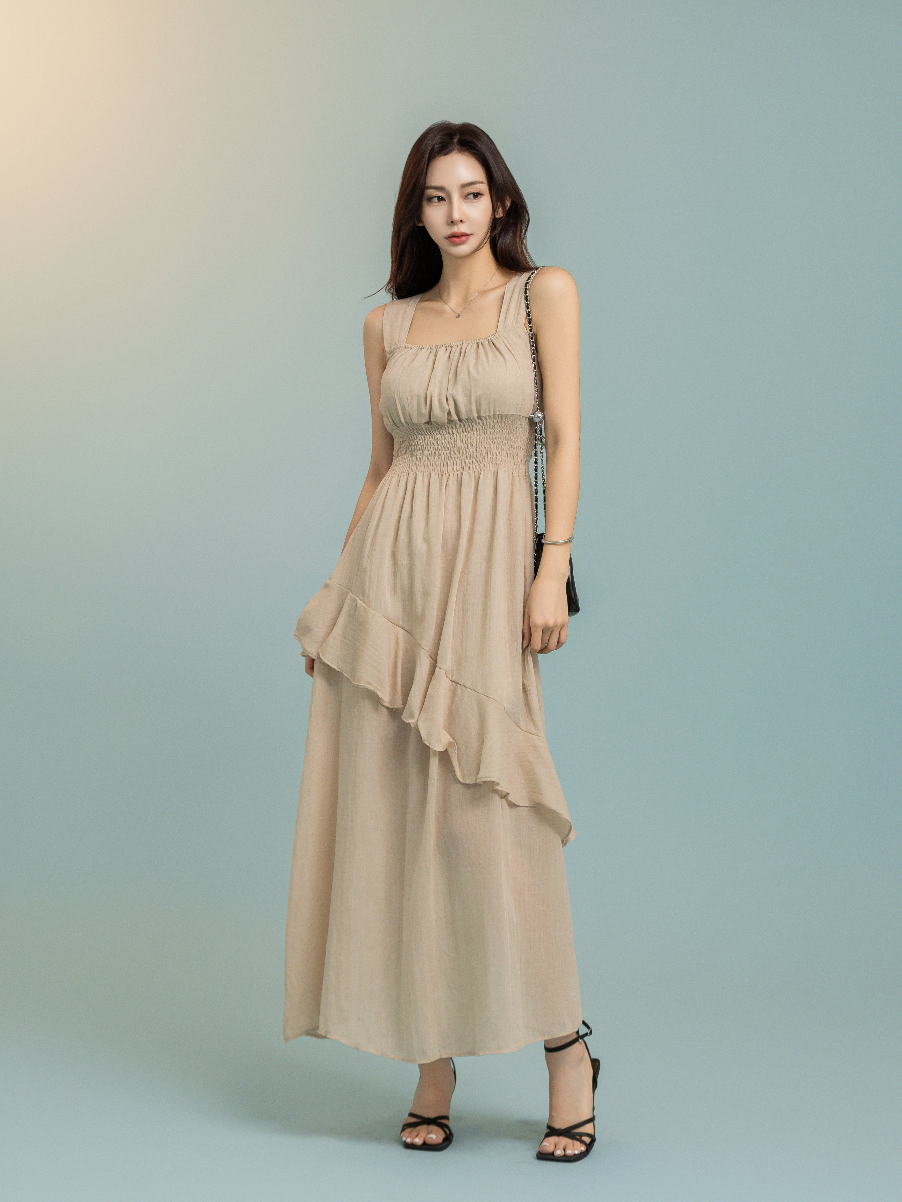 Asymmeterical Tier Dress Beige