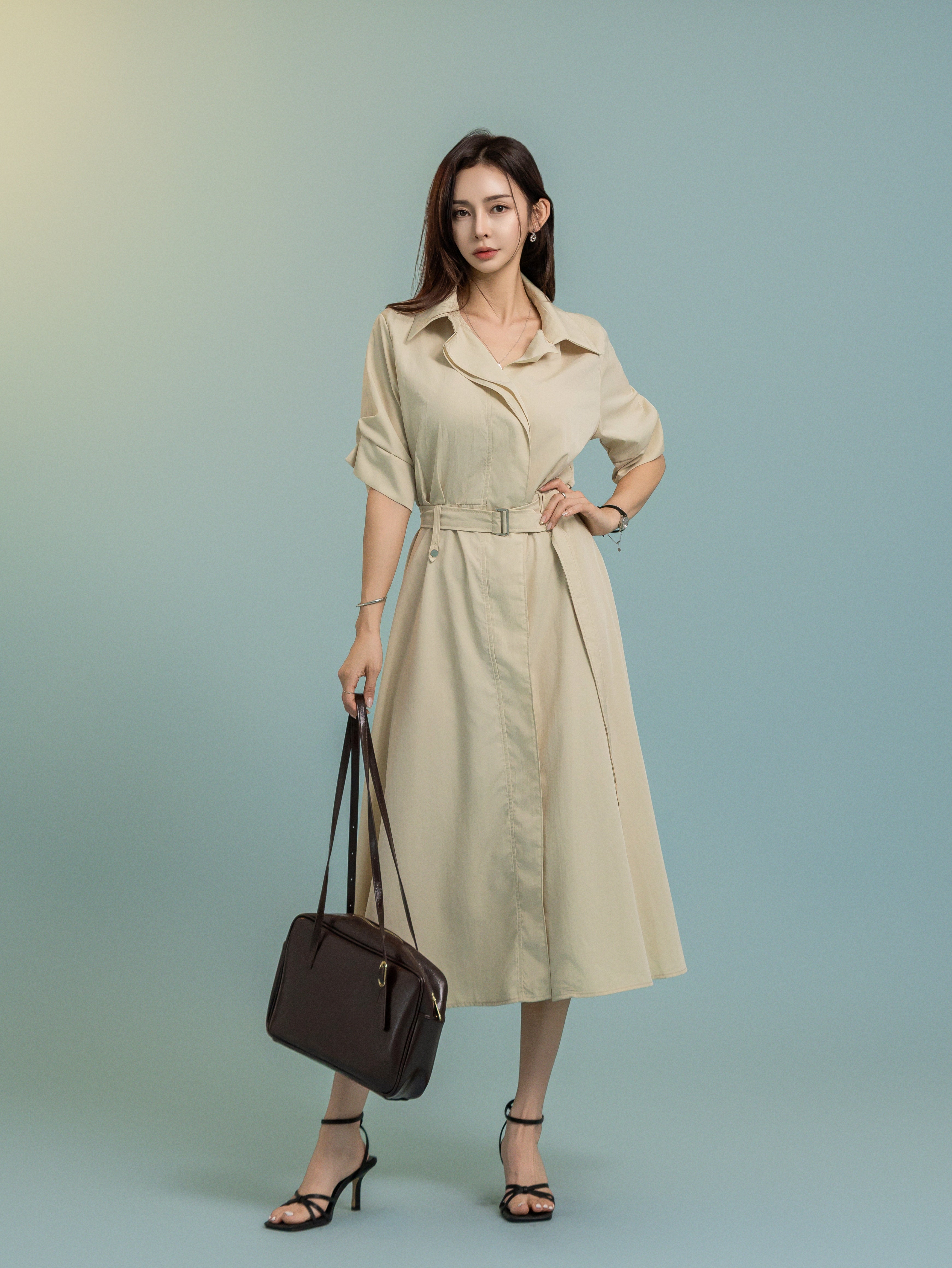 Seoul Collar Midi Dress - Beige