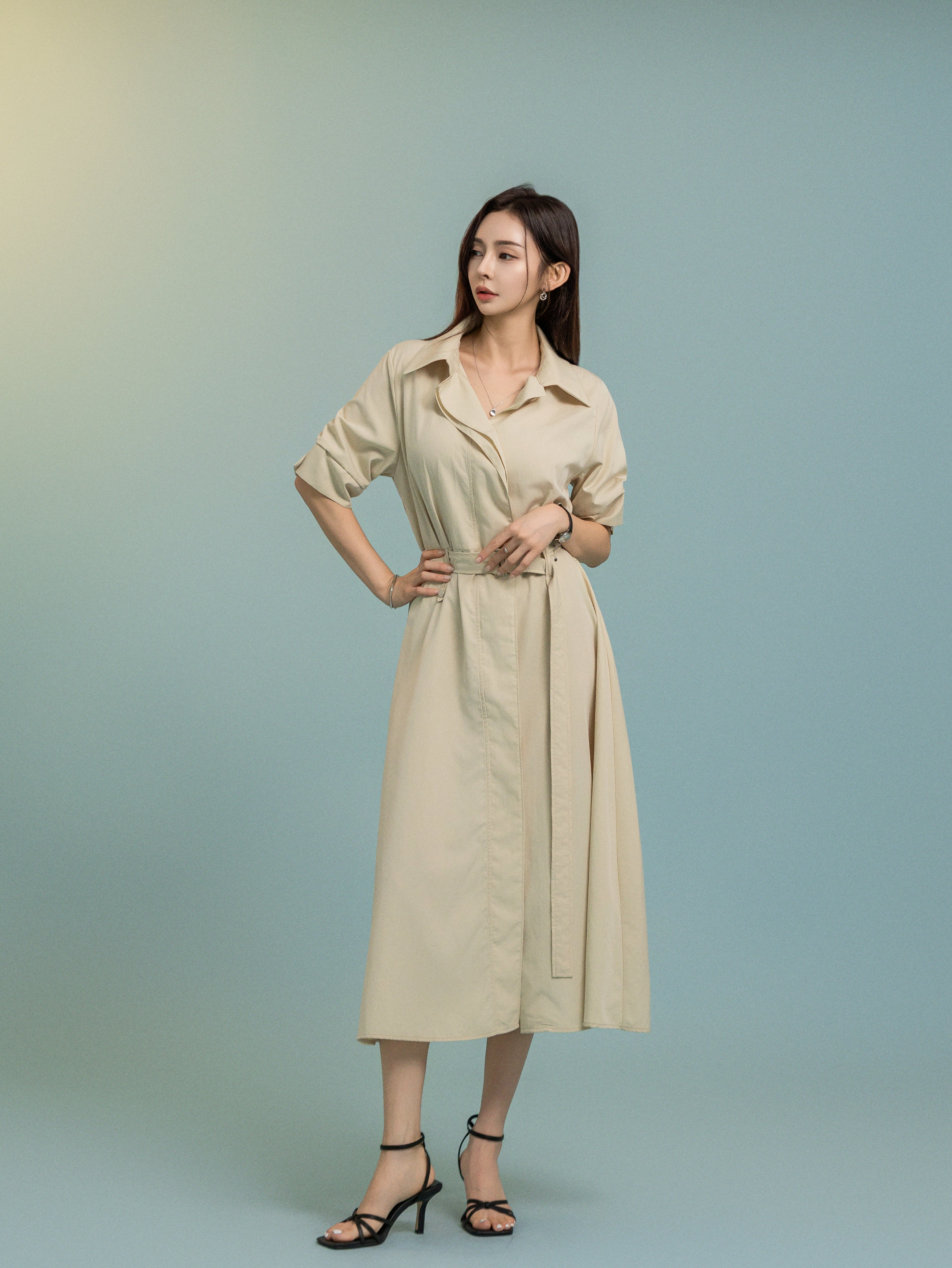 Seoul Collar Midi Dress - Beige