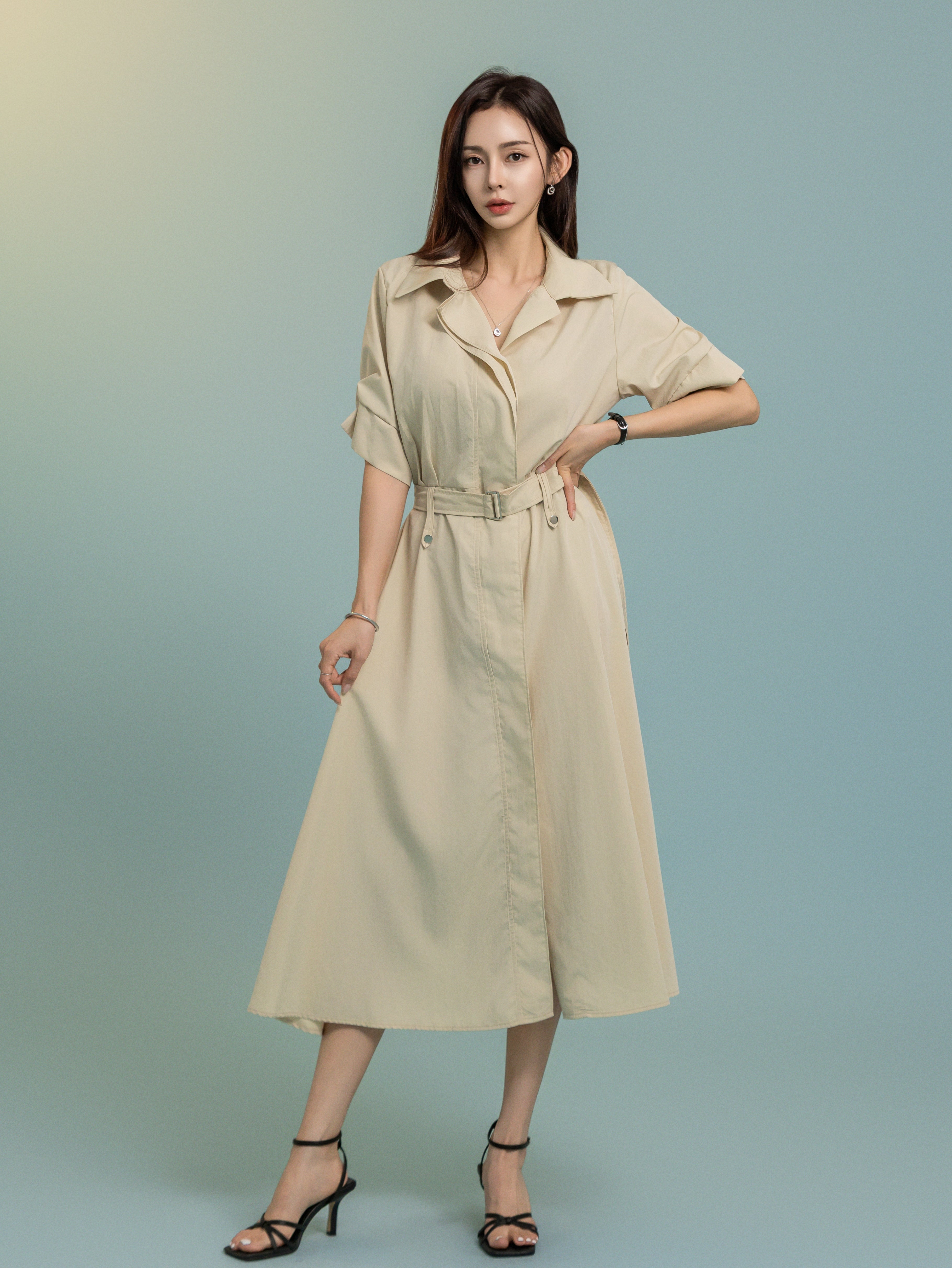 Seoul Collar Midi Dress - Beige