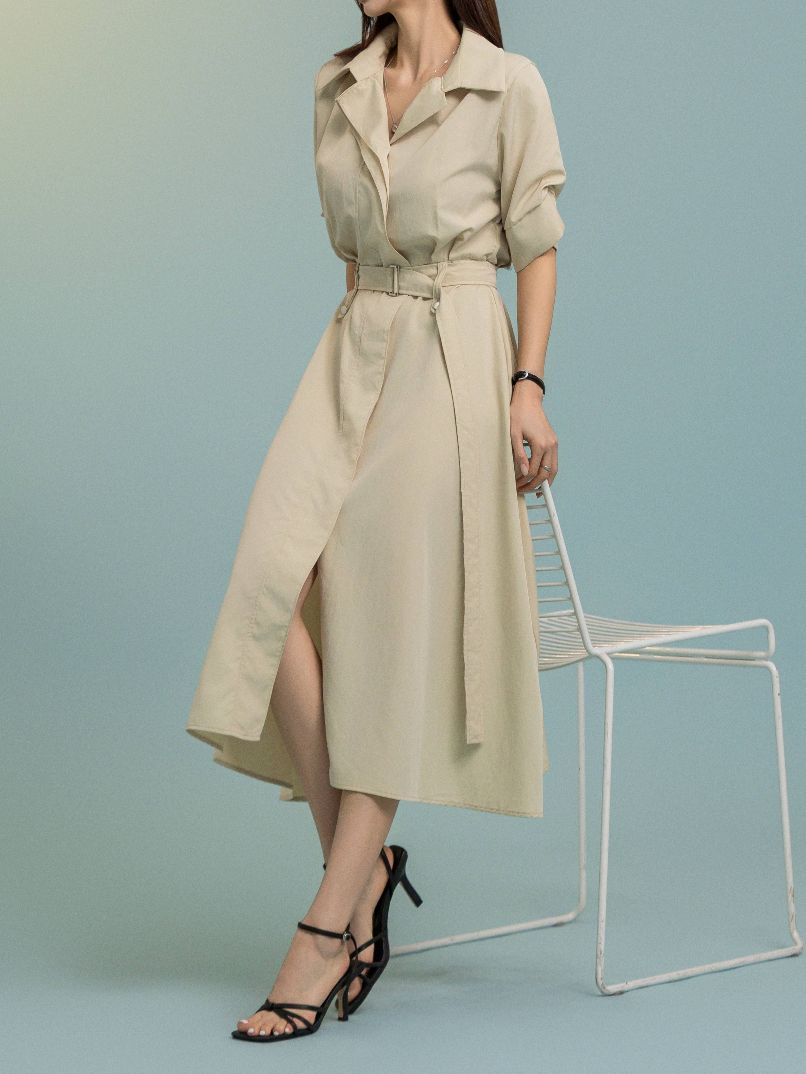 Seoul Collar Midi Dress - Beige